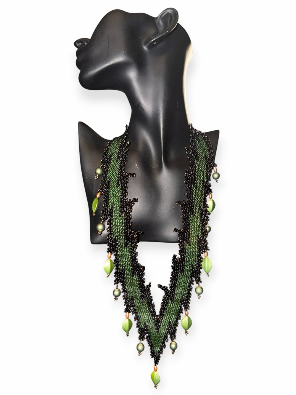 Stunning Hand-Beaded Chevron Statement Necklace with Leaf Accents